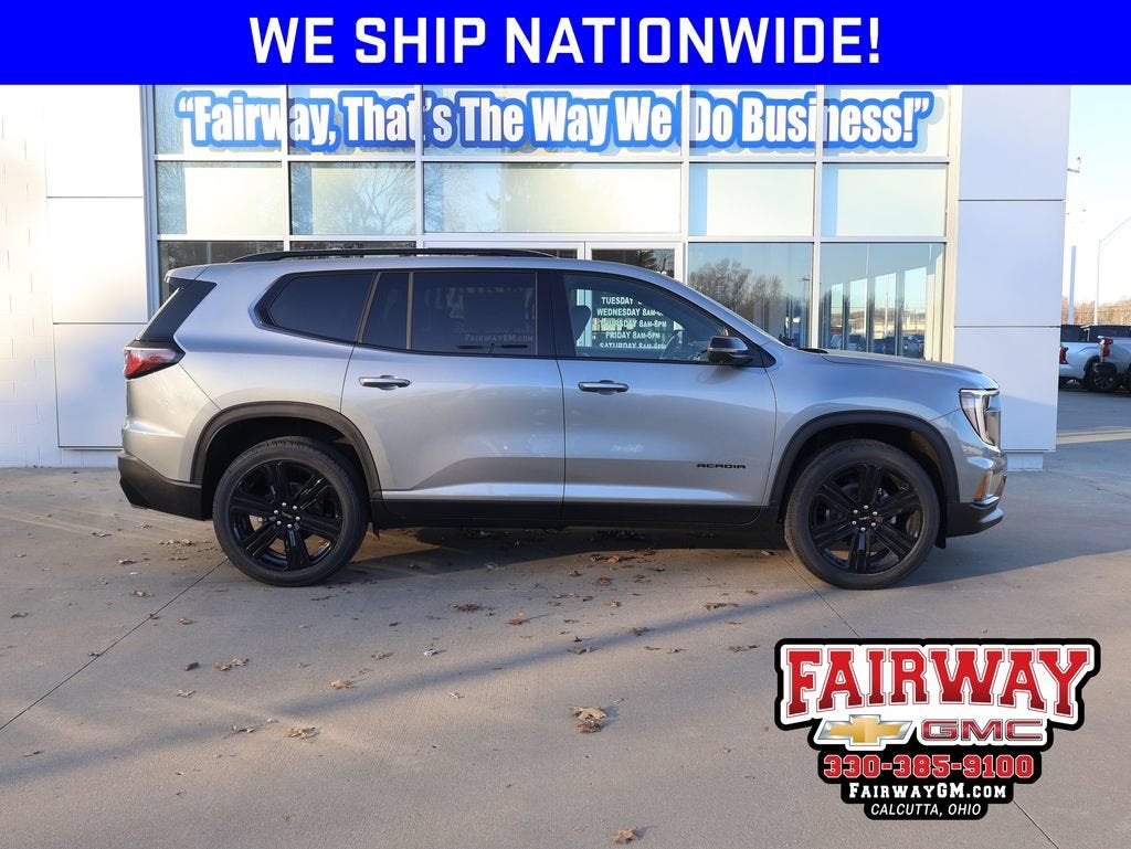 2026 GMC Acadia Elevation in Sterling Metallic — front three-quarter view