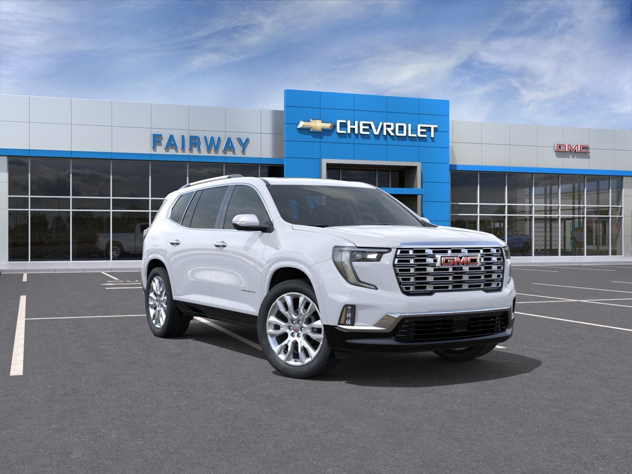 2026 GMC Acadia Denali in Glacier White Tricoat — front three-quarter view