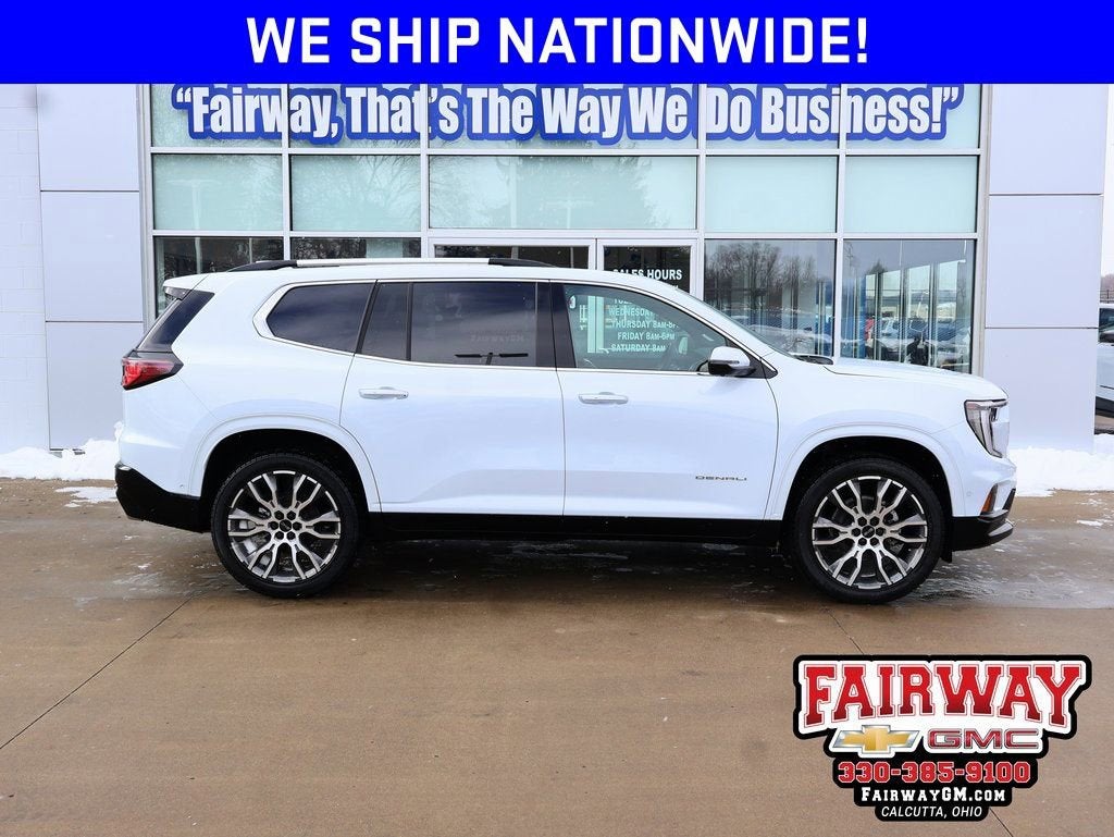2026 GMC Acadia Denali Ultimate in Glacier White Tricoat — front three-quarter view